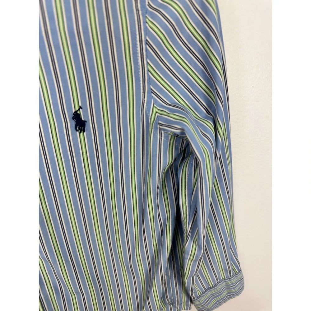 Ralph Lauren Boys 5 Blue Green Striped Button Down Dress‎ Shirt Logo Cotton